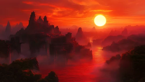 Sunforge citadel rises through crimson mist at world’s edge