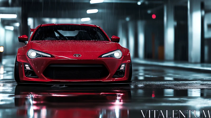 Red Toyota sports coupe in wet underground parking structure.