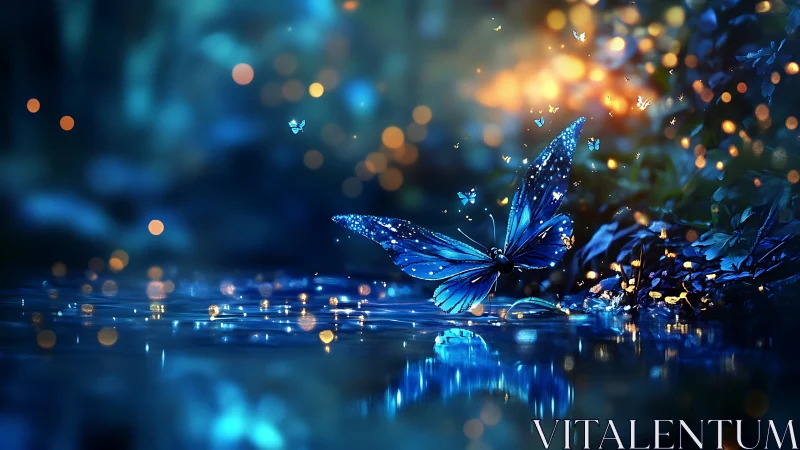 Blue glowing butterfly over water in a dark forest scene.