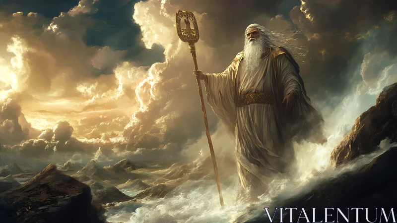 Wise sea guardian strides through glowing storm clouds.