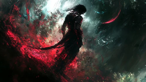 Backlit warrior silhouette amid turbulent chromatic vortex.