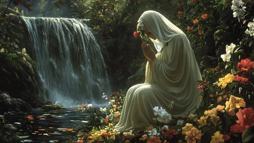 Sanctified figure in luminous flora beside cascading waterfall.