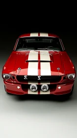 Front-view studio portrait of red Shelby-style muscle car