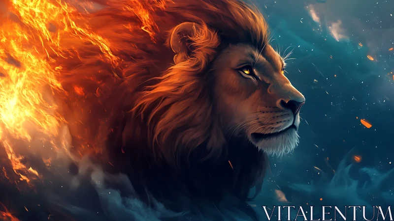 Lion of living fire strides through stormlit twilight dream.