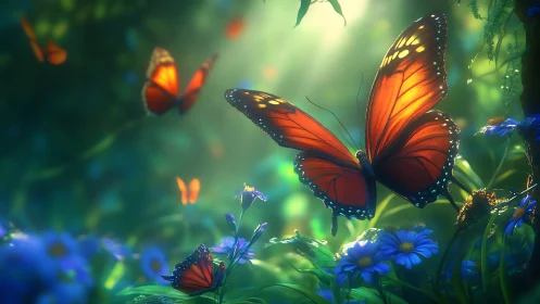 Orange butterflies over blue flowers in soft forest light.