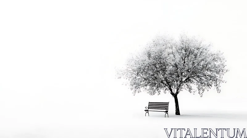 Minimalist winter bench and tree in high-key composition.