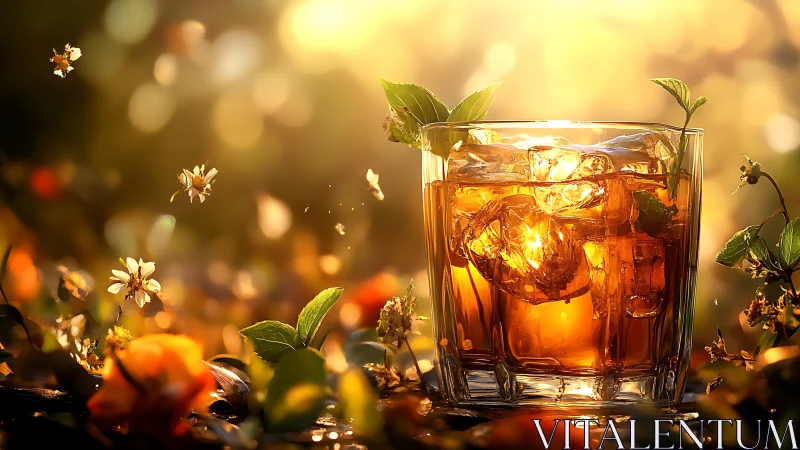 Iced Amber Beverage with Fresh Mint Garnish in Golden Sunlight.