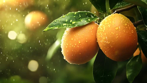 Ripe orange fruits with water droplets on tree branch.