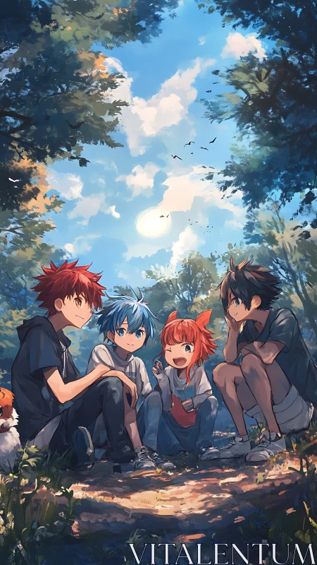 Sunlit forest circle where anime friends trade bright secrets.