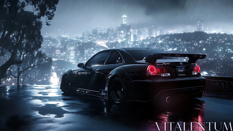 Midnight tuner prowls a rain-soaked ridge above neon city