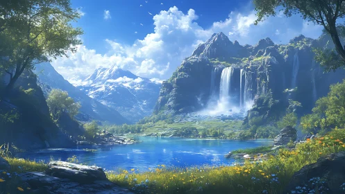 Digital landscape shows lake, waterfalls and distant mountains