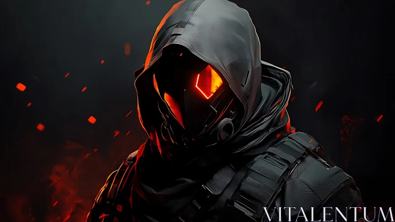 Hooded cyber assassin with burning visor in dark embers