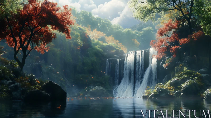 Waterfall sanctuary amid autumn forest glow at dawn.