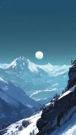 Lone figure gazes at moonlit peaks above a frozen valley.
