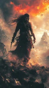 Solitary robed figure walking over burning volcanic terrain.