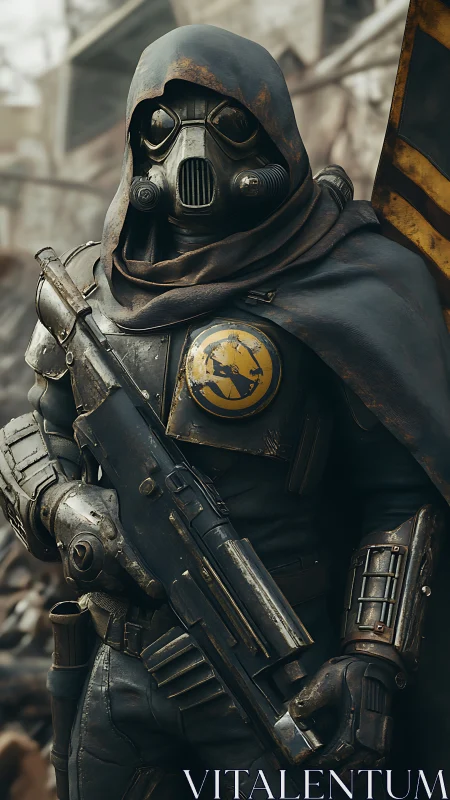 Armored wasteland ranger grips rifle in ruined city street