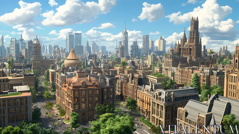 3D neo-classical cityscape with layered high-rise skyline integration.