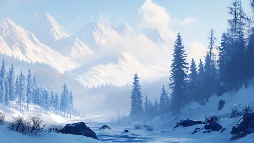 Glacial alpine river corridor under diffuse winter illumination.