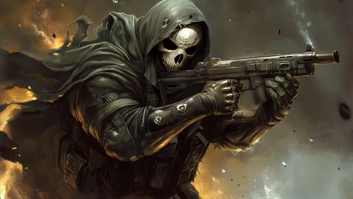 Tactically equipped skull-masked rifleman advances through burning debris