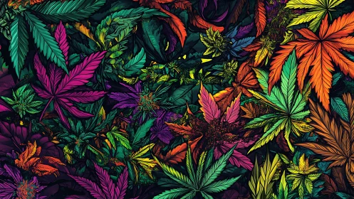 Vibrant cannabis leaves glow in a lush neon jungle dream
