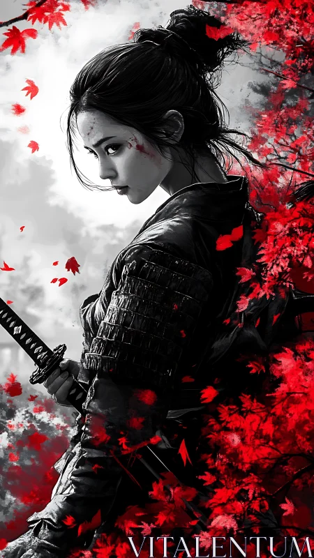 Fierce samurai woman meets autumn storm of crimson leaves