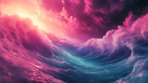 Synthetic seascape depicts stylized waves under magenta sky