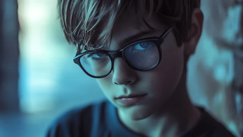 Teenager in Glasses Against Cyan Digital Backdrop.