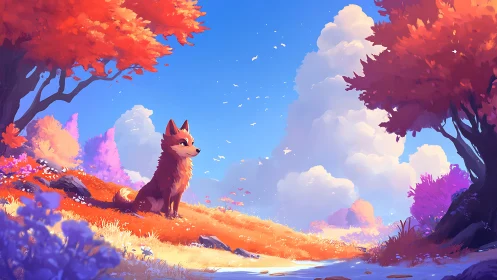 Warm-lit canine under stylized autumn canopy in saturated landscape