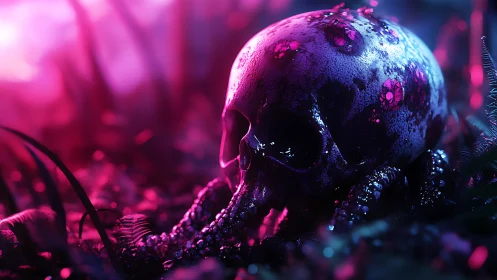 Neon jungle cradles a bioluminescent skull of shadows