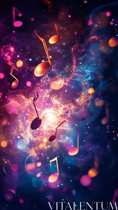 Floating musical notes traverse a dense abstract light field