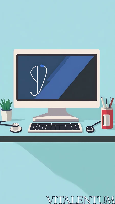 Medical workspace with computer and stethoscope on desk.