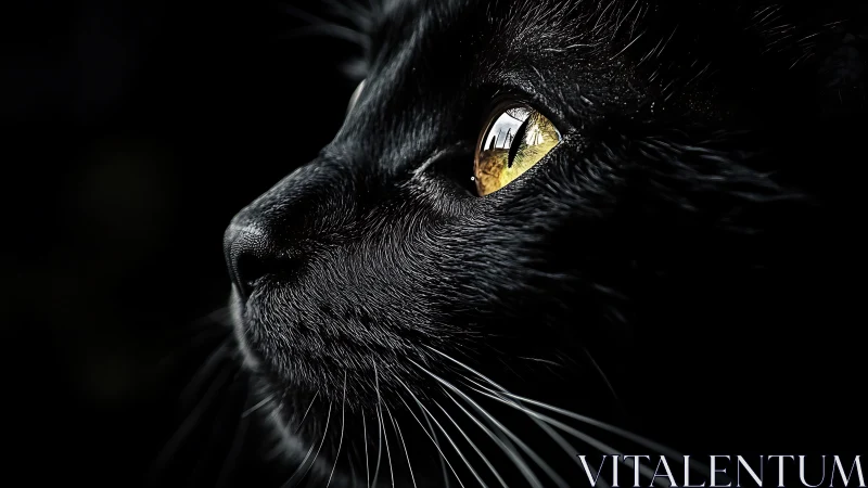 Black Cat With Luminous Golden Eyes Against Darkness.