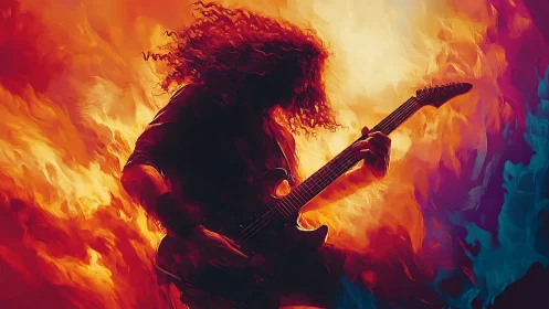 Silhouetted guitarist against intense warm color gradient