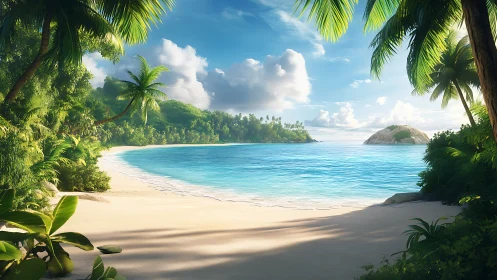 Tropical coastal landscape with white sand beach and turquoise water.