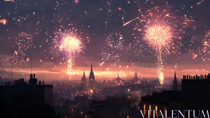 Fireworks bloom like electric flowers above the dusky city