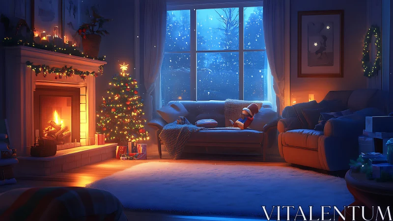 Cozy winter living room with glowing hearth and tree lights.