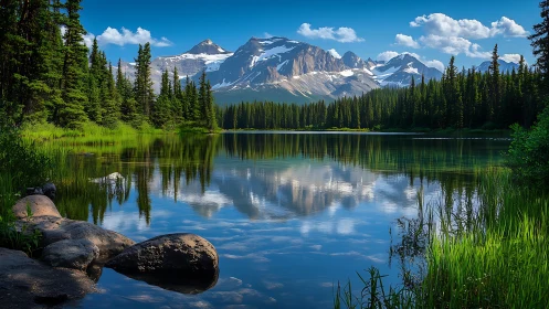 Snow-capped mountain range mirrored in calm alpine lake surface