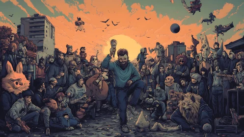 Sunset street carnival with masked crowd and surreal fauna.