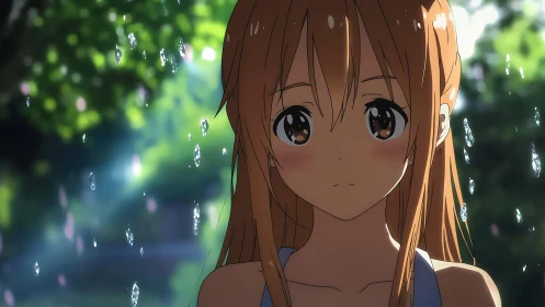 Soft-eyed anime girl standing in gentle summer rain shower.