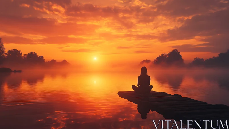 Silhouetted figure meditating on pier at luminous lake sunrise