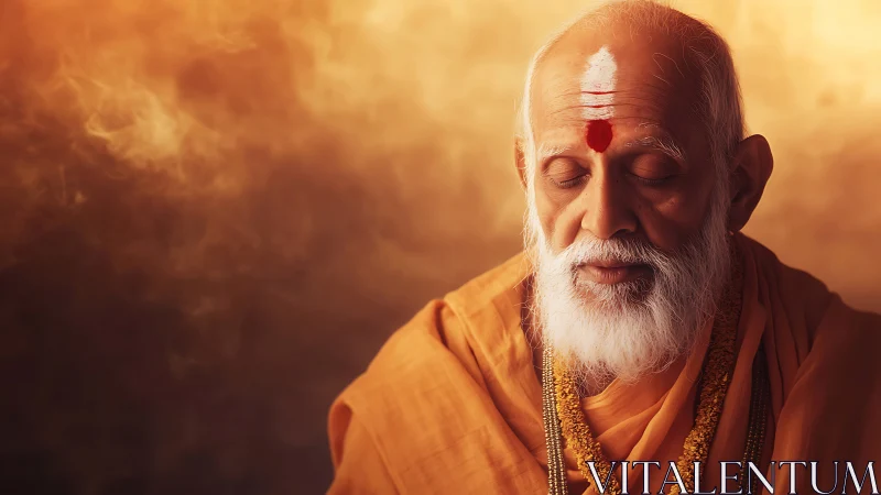 Monastic elder in saffron robes within aureate vapor field.