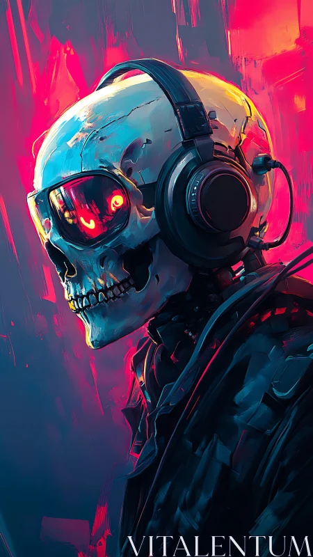 Cyberpunk skull DJ with neon visor and oversized headphones