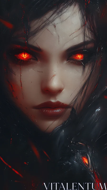 Demonic cyber-sorceress portrait with incandescent predator eyes