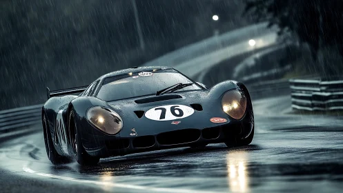 Vintage race car slicing through rainy twilight track.