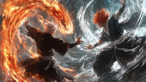 Elemental duel of opposed fire and water martial casters.