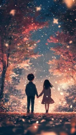 Children stand beneath luminous autumn canopy at twilight