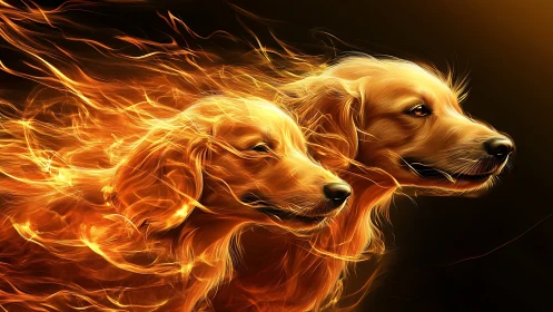 Two golden retriever heads rendered as flowing fire lines