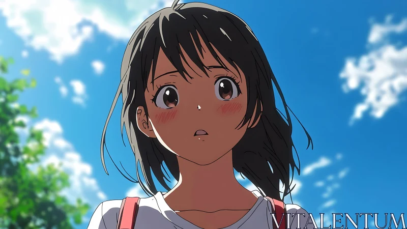 Low-angle anime portrait of windblown girl under summer sky.
