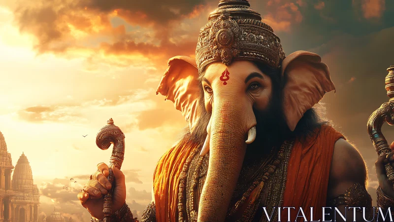 Golden sunset portrait of a serene elephant headed deity.