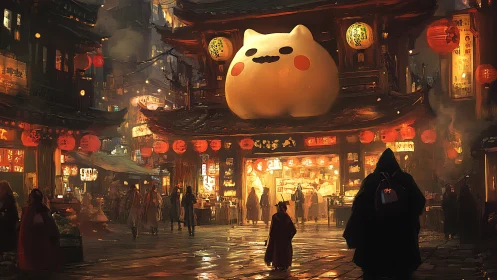 Giant cat lantern smiles over a lively night city market